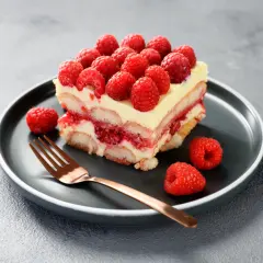 Pyszne tiramisu malinowe z warstwami biszkoptów, kremu i malin, ozdobione świeżymi malinami.