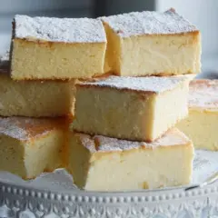 Stos kawałków tradycyjnego sernika, posypanych cukrem pudrem, ułożonych na paterze. Idealny na deser.
