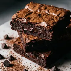 Stos puszystych, czekoladowych kawałków ciasta brownie z płynnym środkiem, posypane kakao i czekoladowymi kropelkami.