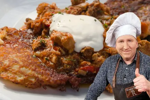Pyszny placek po węgiersku przepis na talerzu, z gęstym gulaszem i kleksem śmietany. Szef kuchni daje kciuk w górę!
