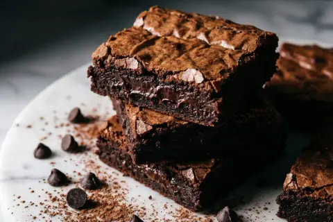 Stos puszystych, czekoladowych kawałków ciasta brownie z płynnym środkiem, posypane kakao i czekoladowymi kropelkami.