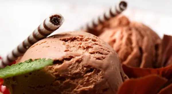 Czekoladowe lody, jak ze starego przepisu, z wafelkami i listkiem mięty. Pyszne!
