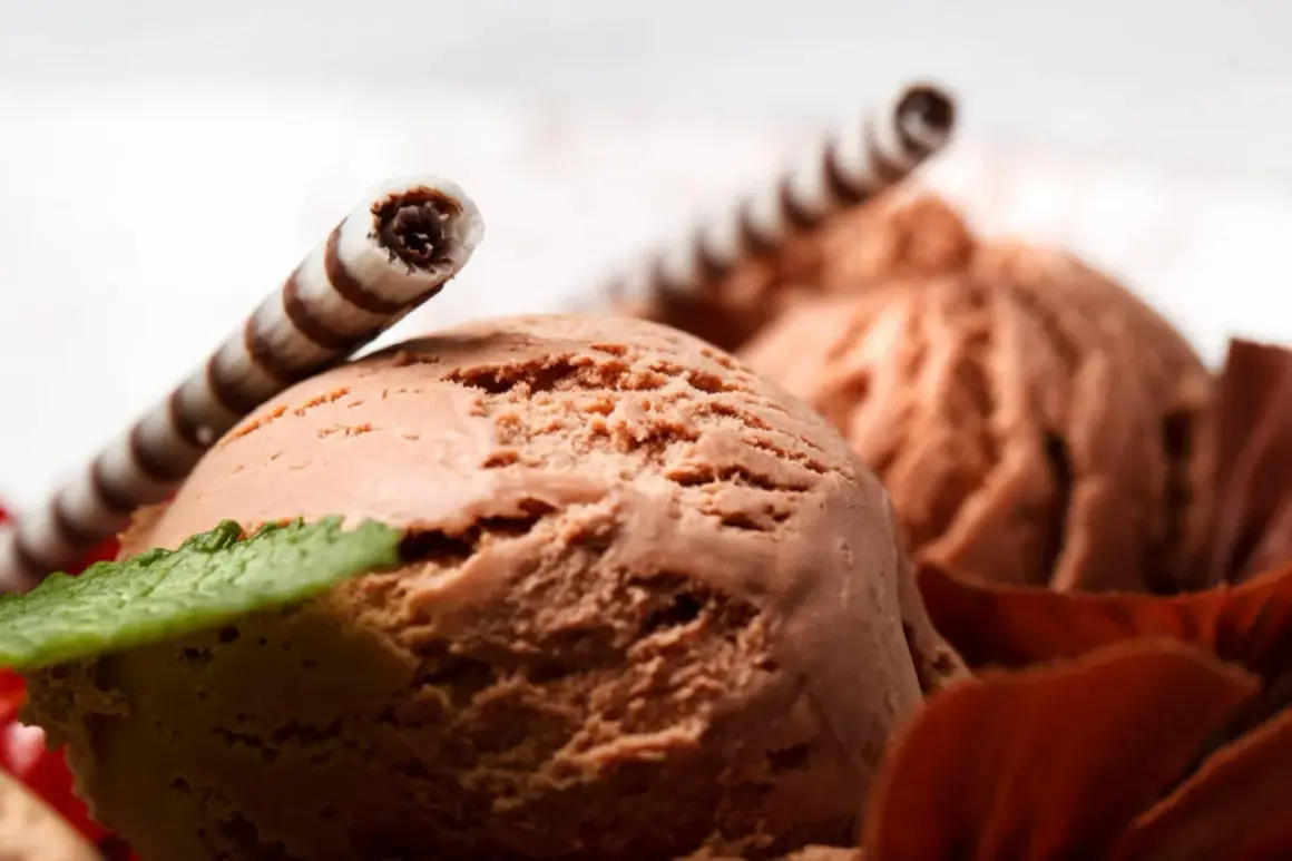 Czekoladowe lody, jak ze starego przepisu, z wafelkami i listkiem mięty. Pyszne!