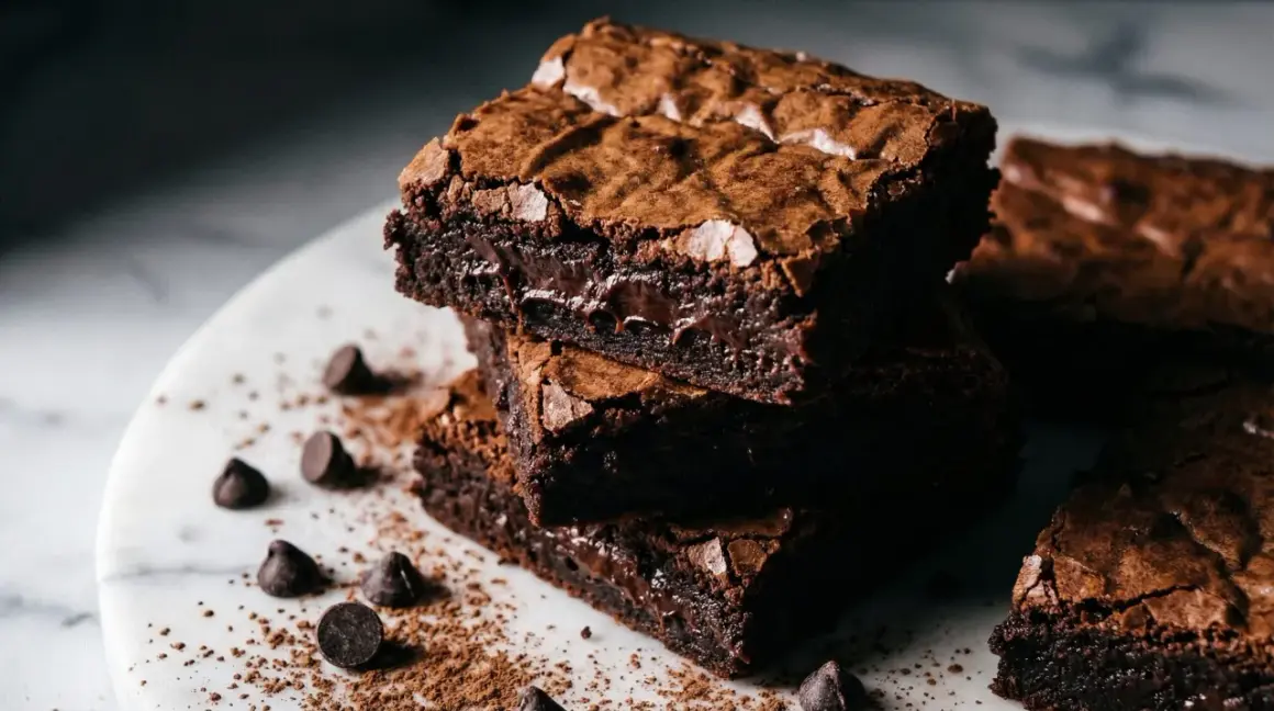 Stos puszystych, czekoladowych kawałków ciasta brownie z płynnym środkiem, posypane kakao i czekoladowymi kropelkami.