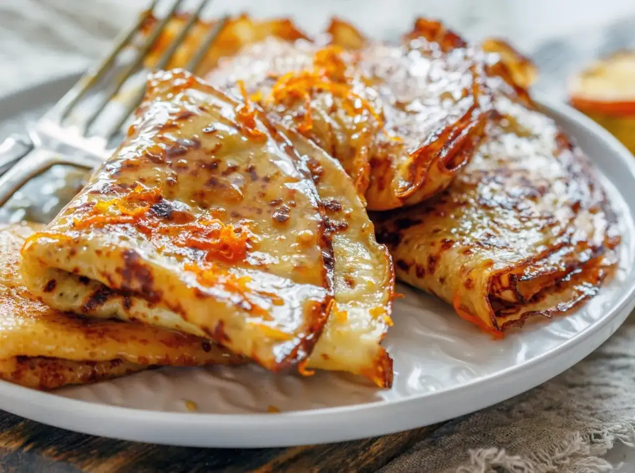 Złociste crepes suzette, polane syropem i posypane sk&oacute;rką pomarańczową, kuszą apetycznym wyglądem.